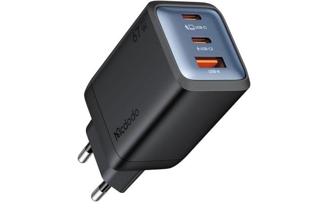 Mcdodo Gana Mini 67W GaN Charger – 3-Port Fast Wall Charger with Dual USB-C & USB-A, Compact Design, Compatible with Laptops, Tablets, Smartphones & More - Black